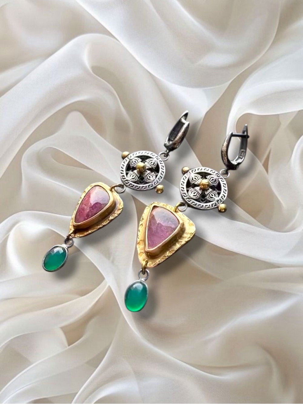 Anthropologie Pink and Green Mixed-Metal Dangle Earrings